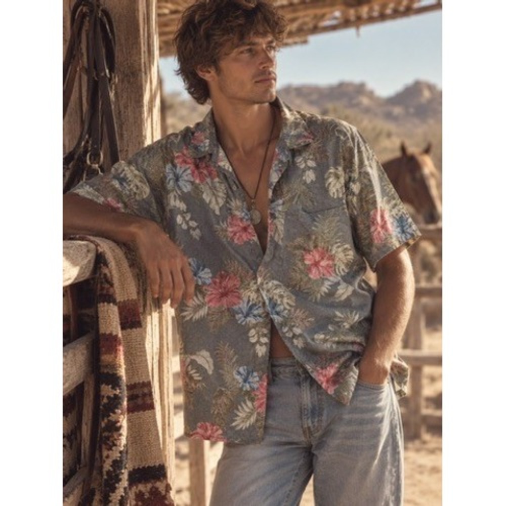 Tommy Bahama Mens XL Gray Floral Silk Blend Short Sleeve Button Down Shirt